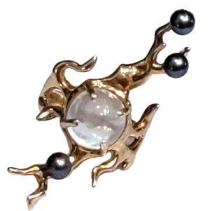 Moonstone Pearl Freeform Ring 14k Yellow Gold Designer Estate Jewelry 8.7g